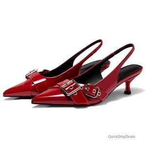 Slingback Kitten Heel Pumps with Studded Buckle Strap, Closed Toe Dress Shoes